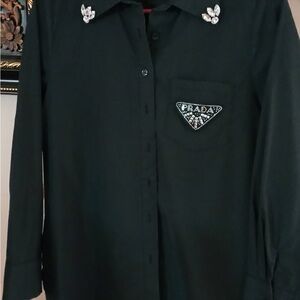Prada Black Shirt with Crystal Collar and Logo
